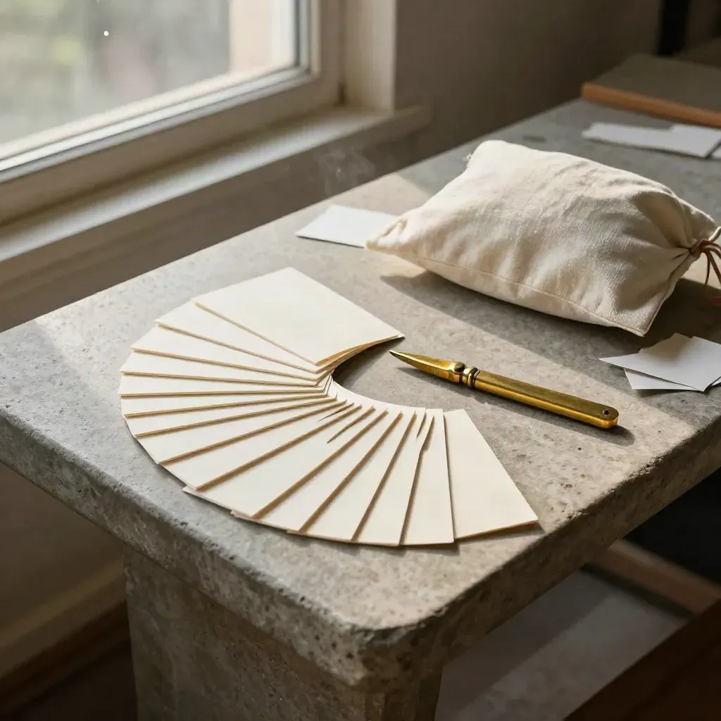 Blank naming cards, brass cutter, and linen pouch on a stone bench in warm window light.