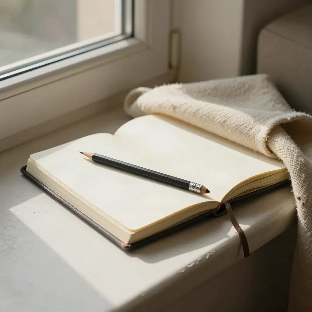 Open tone-of-voice notebook with pencil, eraser, and wool cloth on a sunlit plaster window seat.