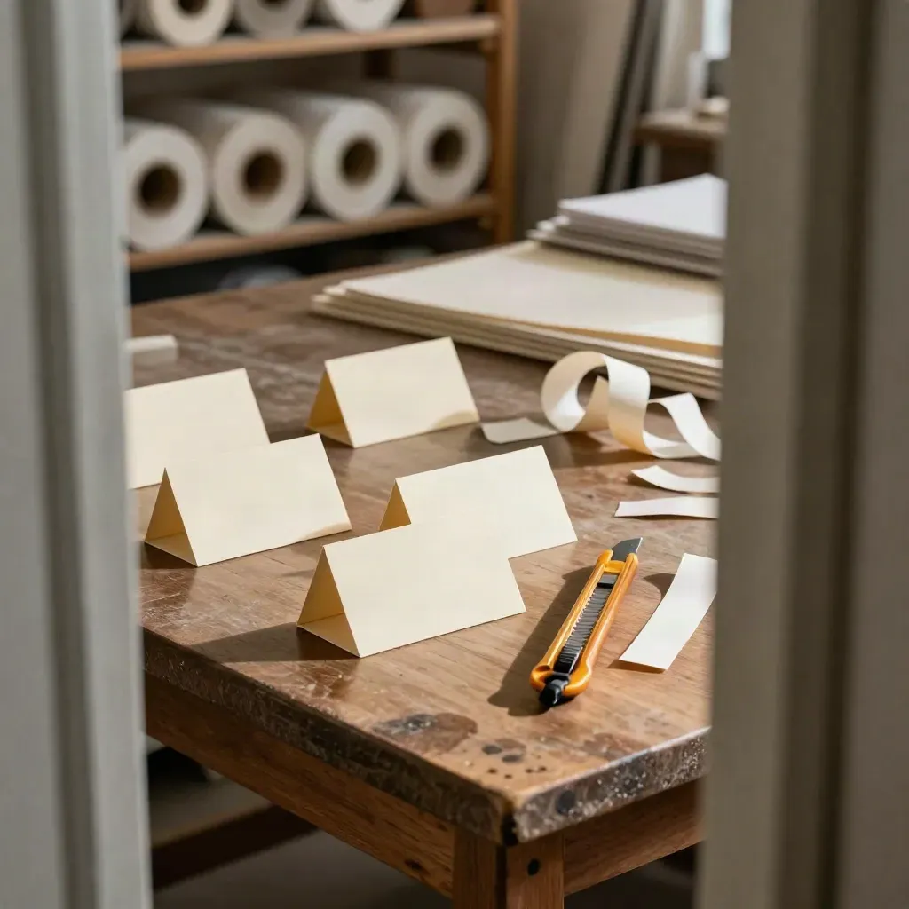 Workshop name cards and paper scraps arc across a table in cool post-rain light.