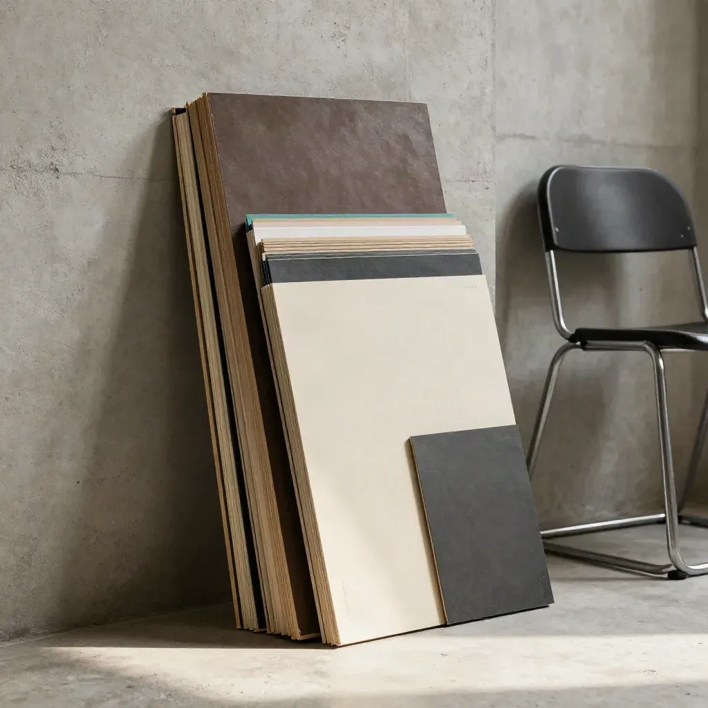 Stack of sample boards leaning by a folded chair in a dusty concrete studio corner.